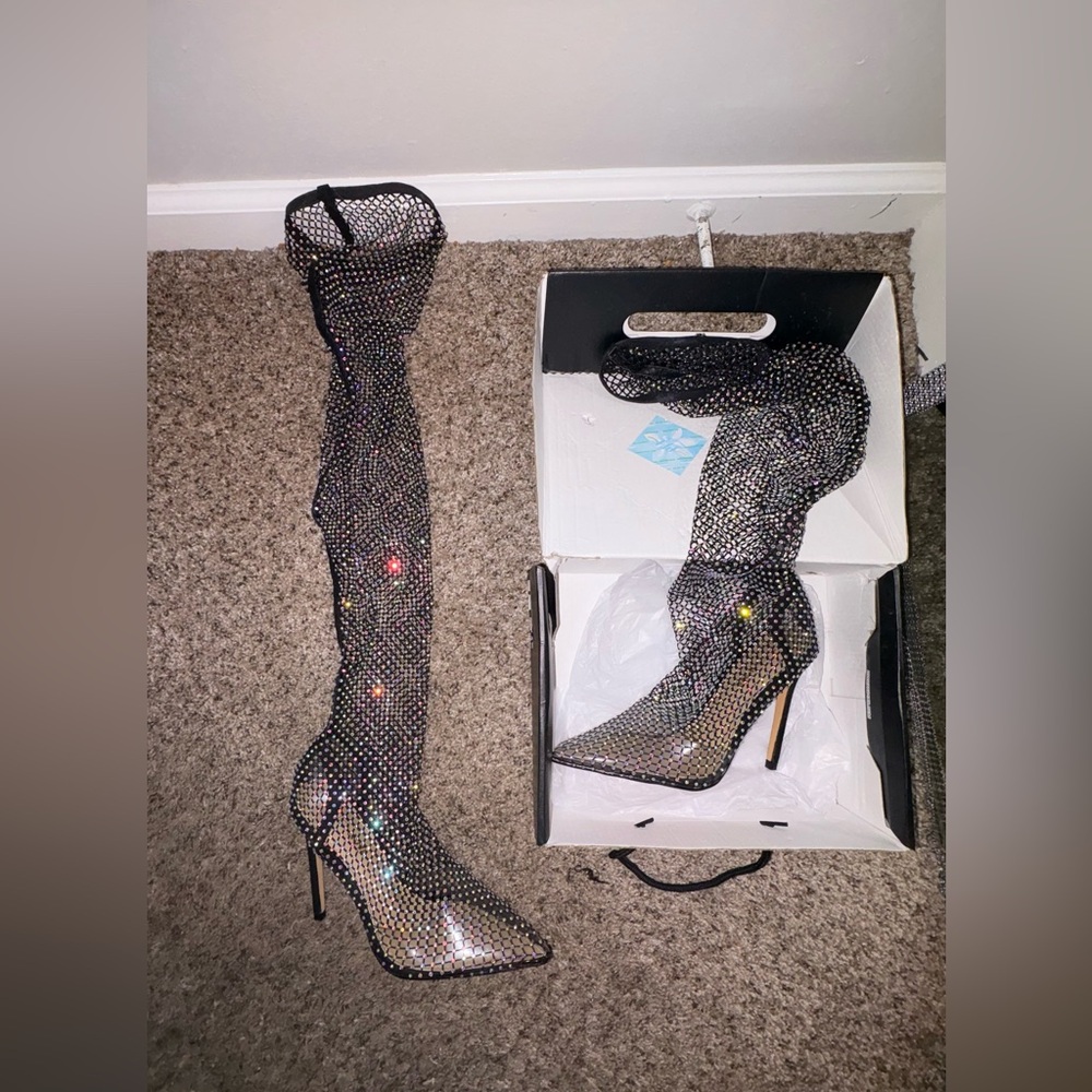 Fashion Nova Black Rhinestone Mesh Over-the-Knee Stiletto Boots